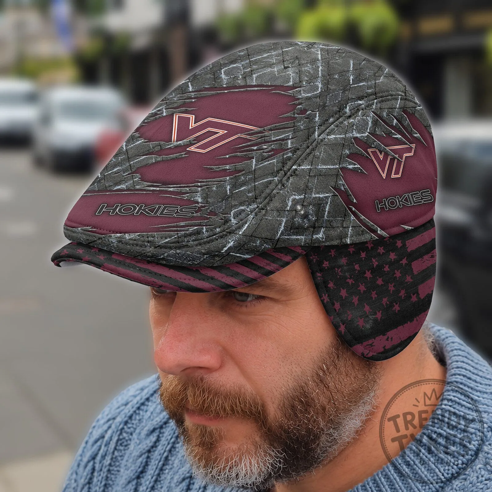 Virginia Tech Hokies Distressed Camouflage American Flag Flat Cap with Ear Flaps