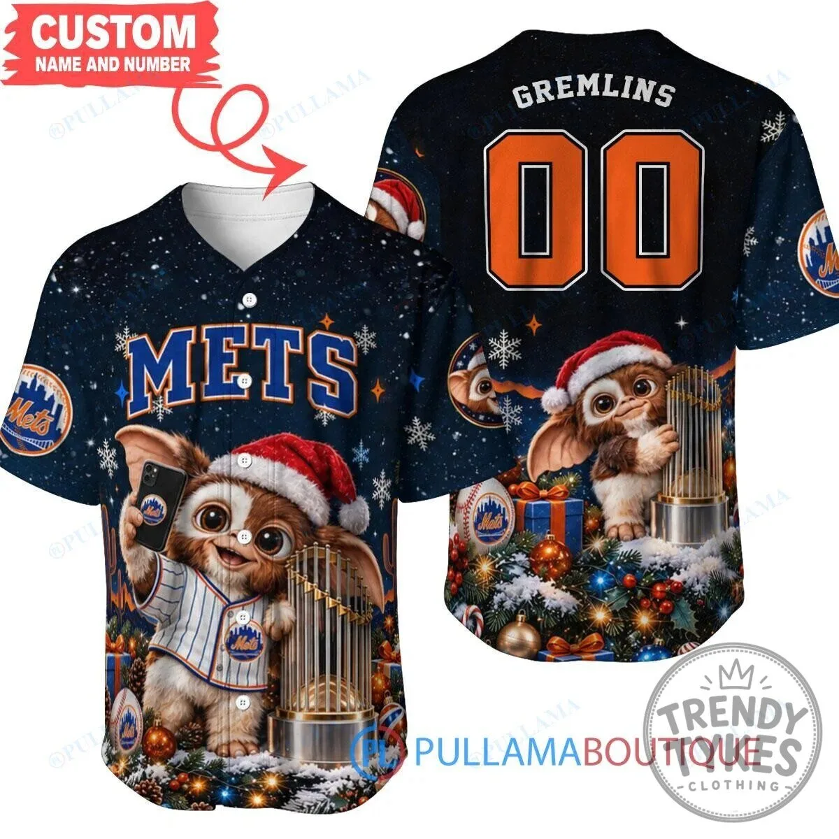 New York Mets Gremlins Christmas World Series Trophy Baseball Jersey