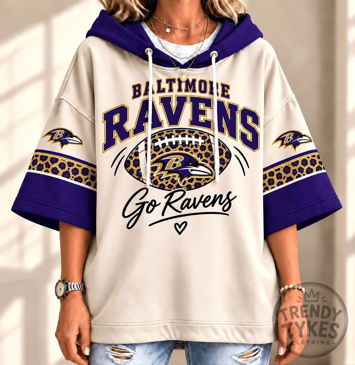 Baltimore Ravens Football Leopard Print Short Sleeve Hoodie for Women