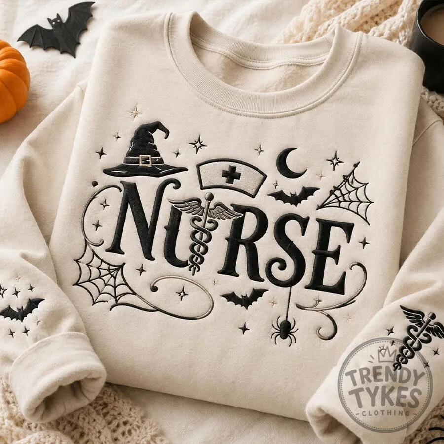 Halloween Nurse Embroidered Witch Hat Spider Web Bats Sweatshirt