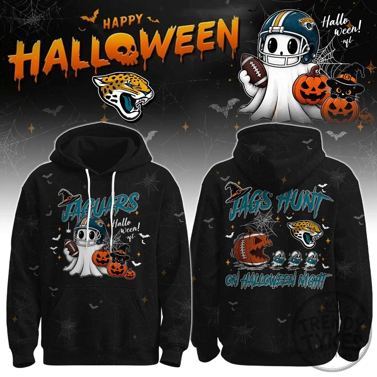 Black Hoodie featuring a Ghost Football Player for Jacksonville Jaguars Halloween