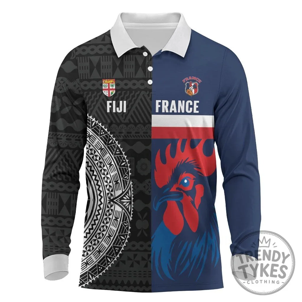 Fiji and France Rugby Long Sleeve Polo Shirt Flying Fijian Les Bleus Together