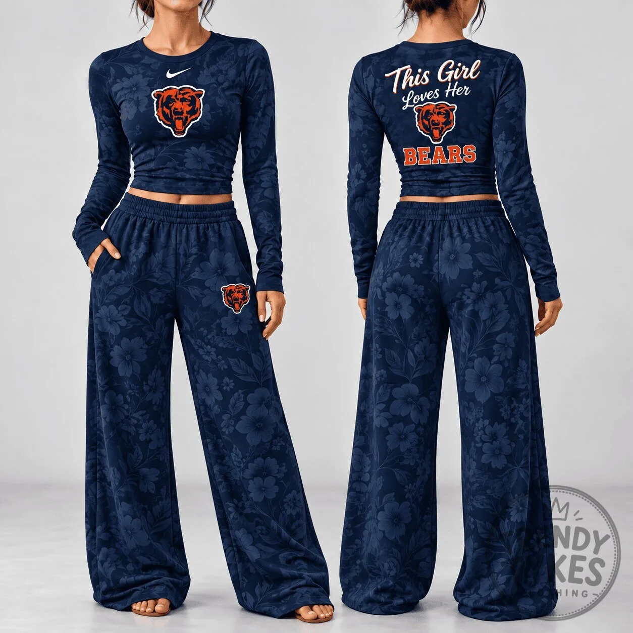 Chicago Bears Women's Floral Print Long Sleeve Shirt and Pants Pajama Set
