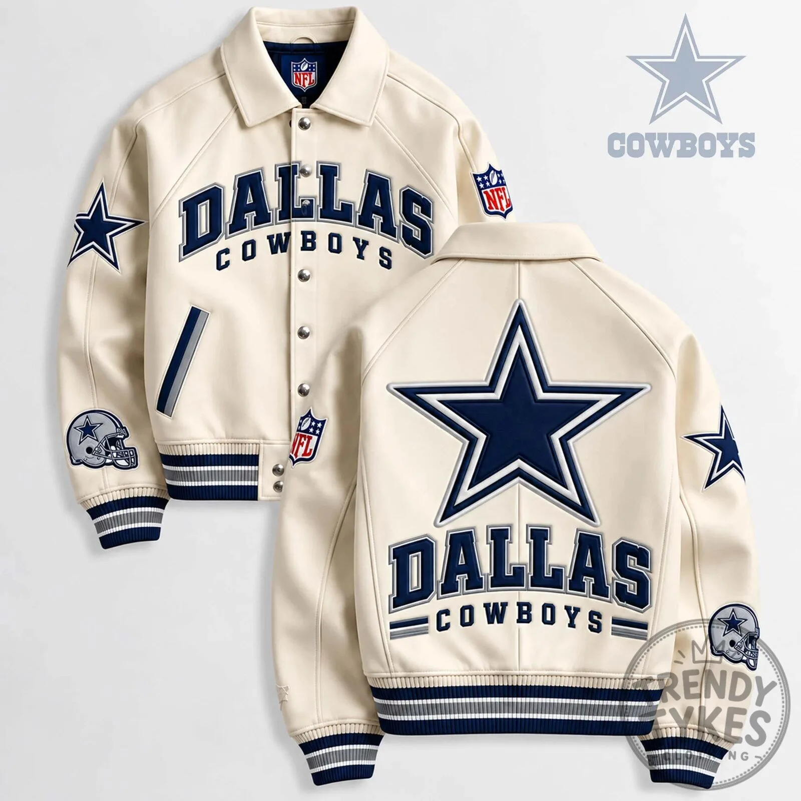 Dallas Cowboys NFL Team Logo Cream and Blue Varsity Jacket