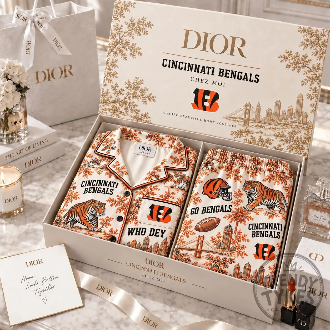 Cincinnati Bengals Dior Chez Moi Luxury Satin Pajamas Set for Women