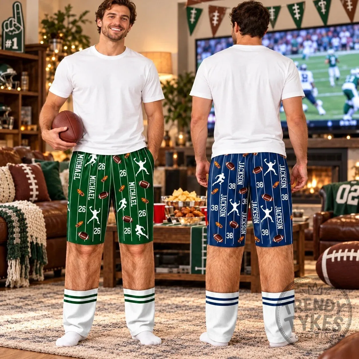 Personalized Football Player and Ball Pattern Men's Pajama Pants