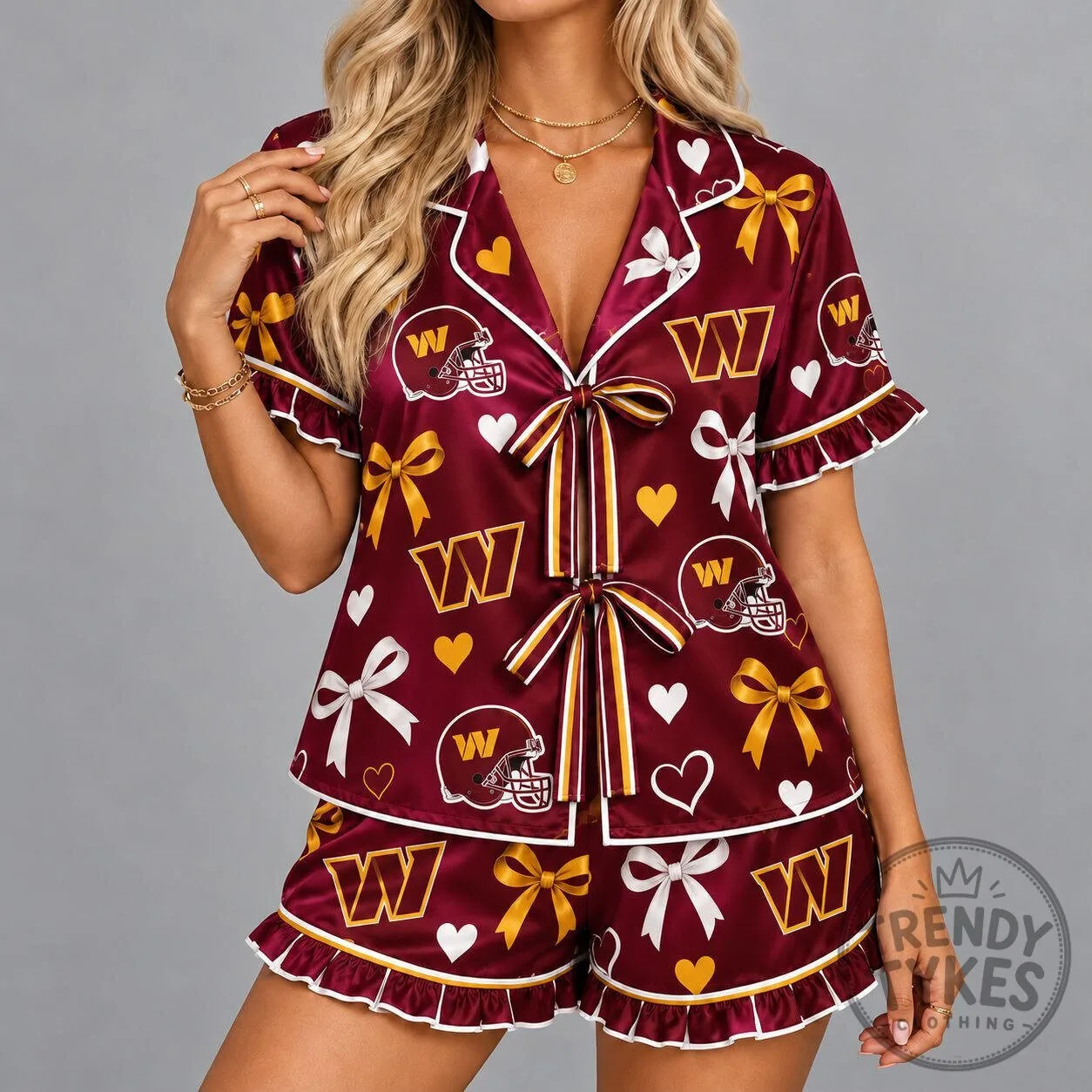 Washington Commanders Women's Satin Bow Ruffle Pajama Shorts Set