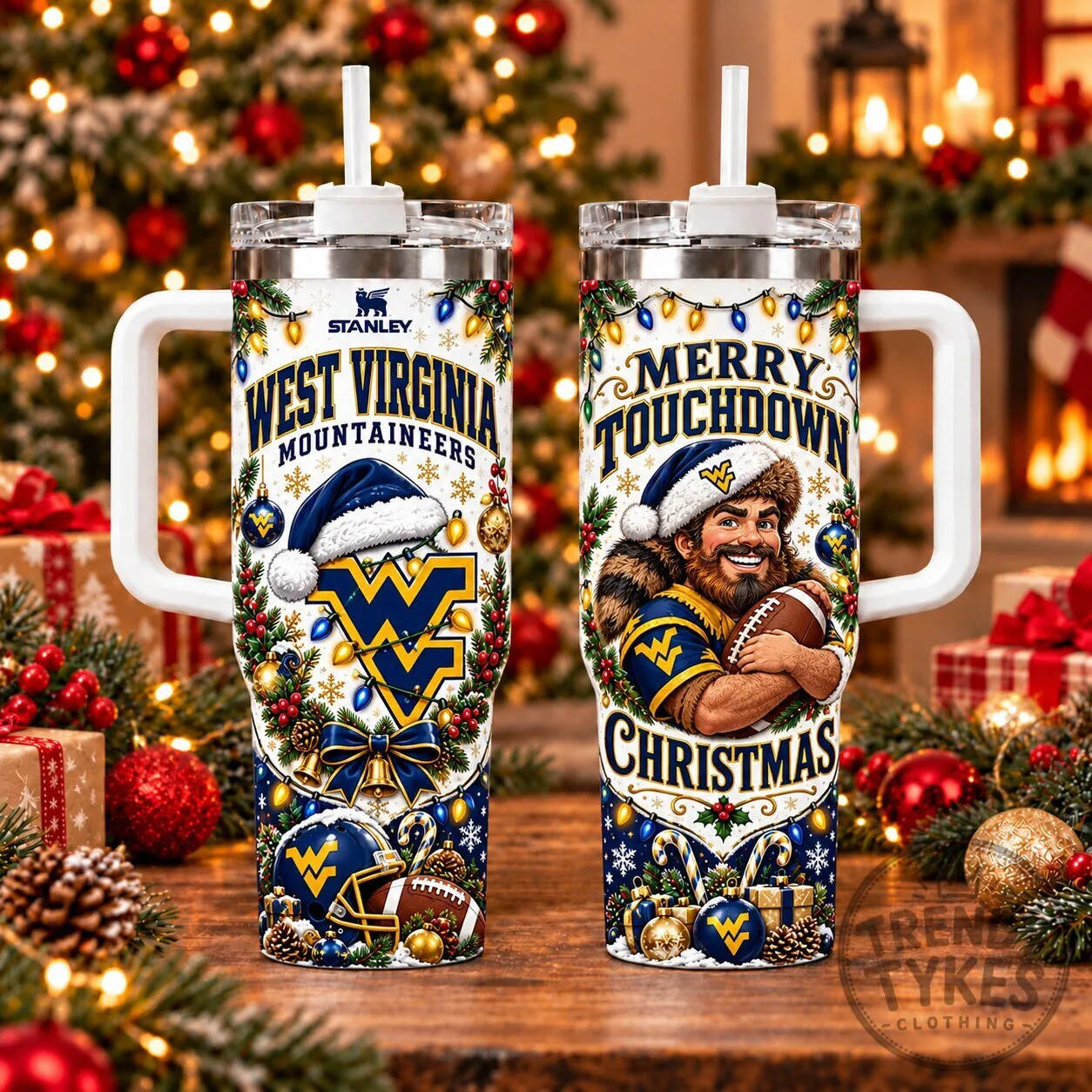 West Virginia Mountaineers Merry Touchdown Christmas Insulated Tumbler with Handle