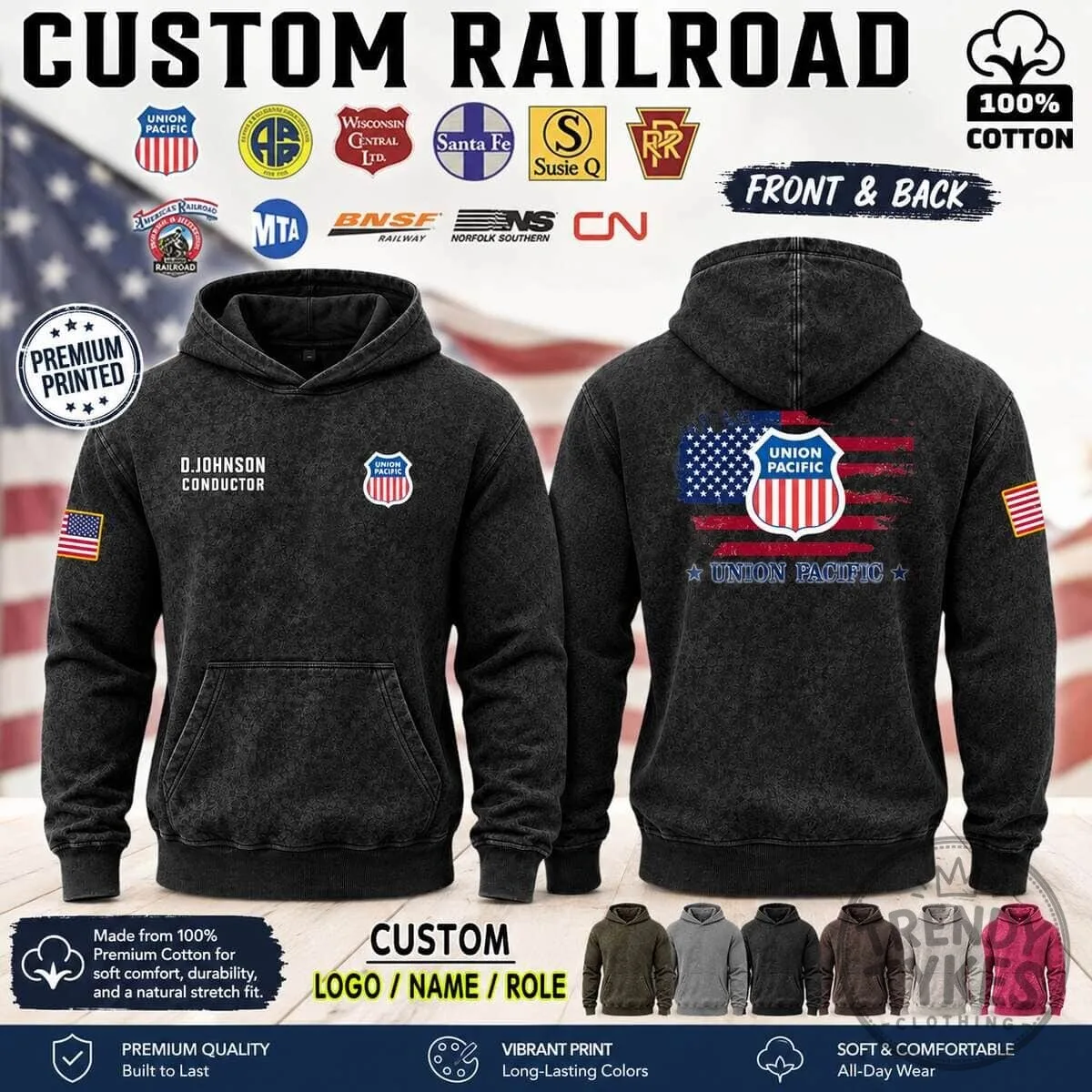 Custom Union Pacific Railroad Conductor Washed Cotton Hoodie
