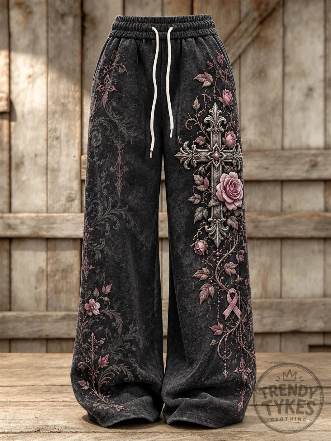 Pink Ribbon Cross Floral Pattern Black Sweatpants