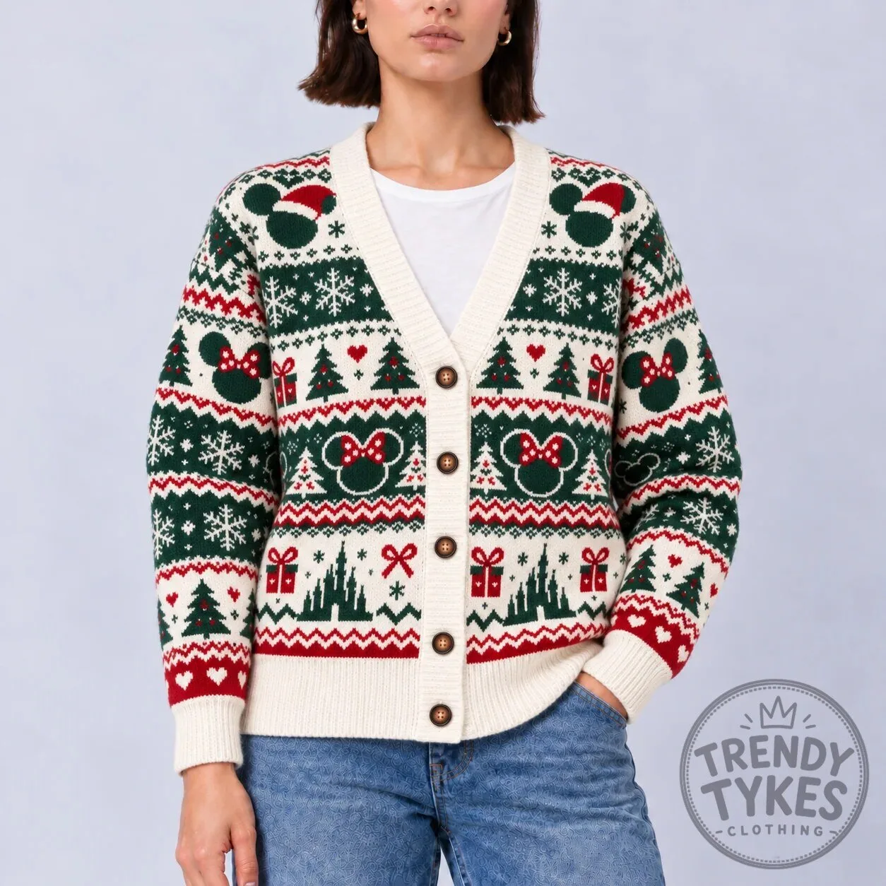 Minnie Mouse Christmas Tree Holiday Vintage Pattern Knitted Cardigan