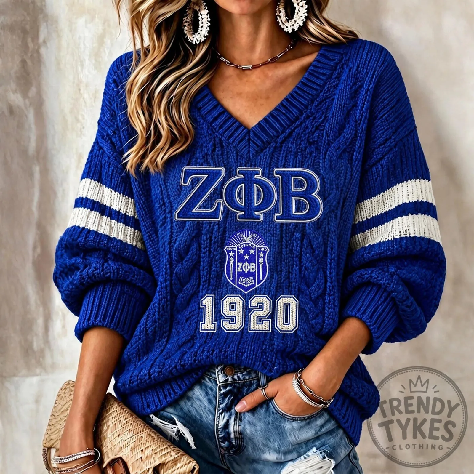 Royal Blue V-Neck Sweater with Cable Knit Design for Zeta Phi Beta Sorority