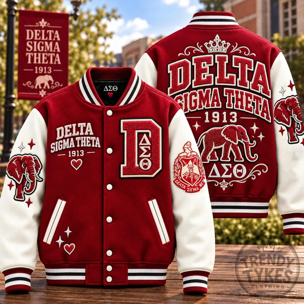 Delta Sigma Theta 1913 Elephant Red and White Varsity Jacket Delta Sigma Theta 1913 Elephant Red and White Varsity Jacket