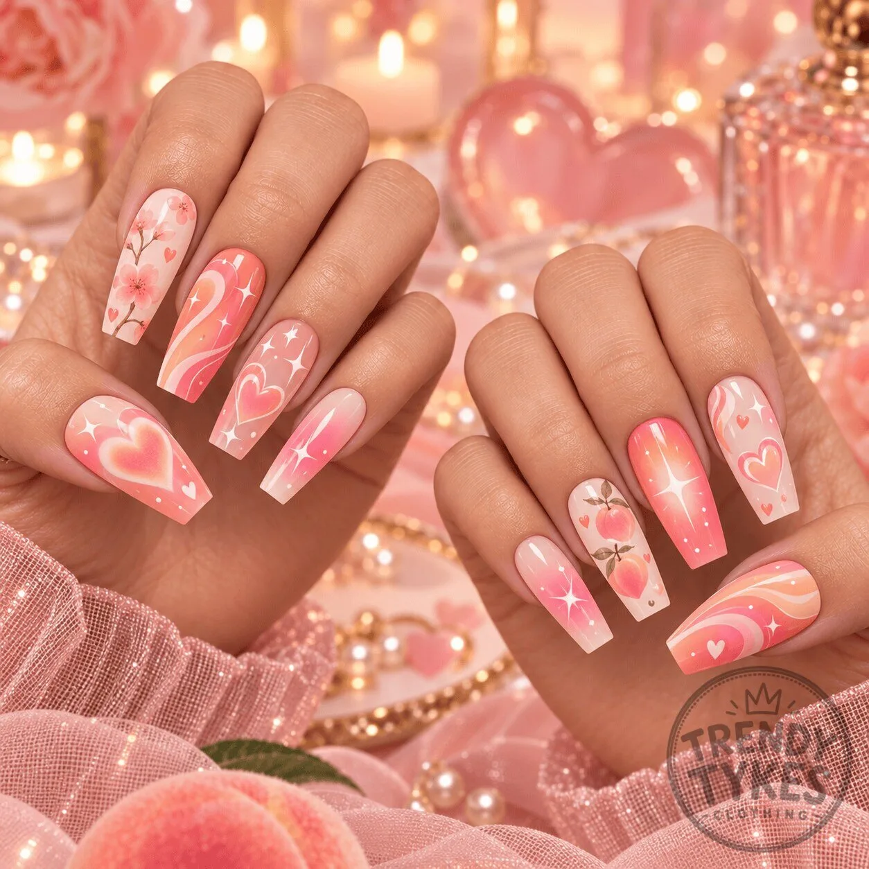 Cherry Blossom and Star Accents Press-On Nails Set - Peach Aura Dream Heart Design