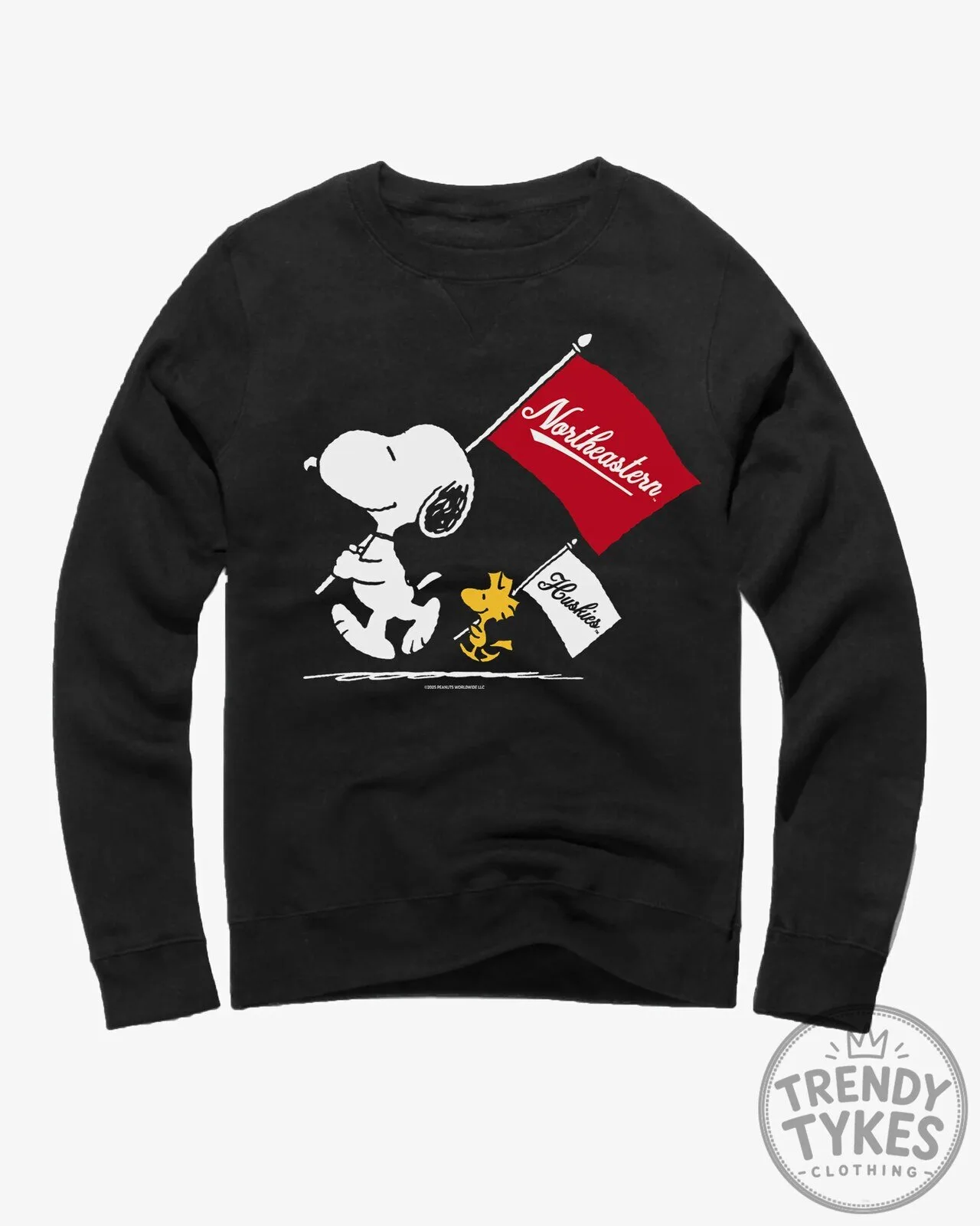 Northeastern Huskies Peanuts Snoopy and Woodstock Flags Crewneck Sweatshirt