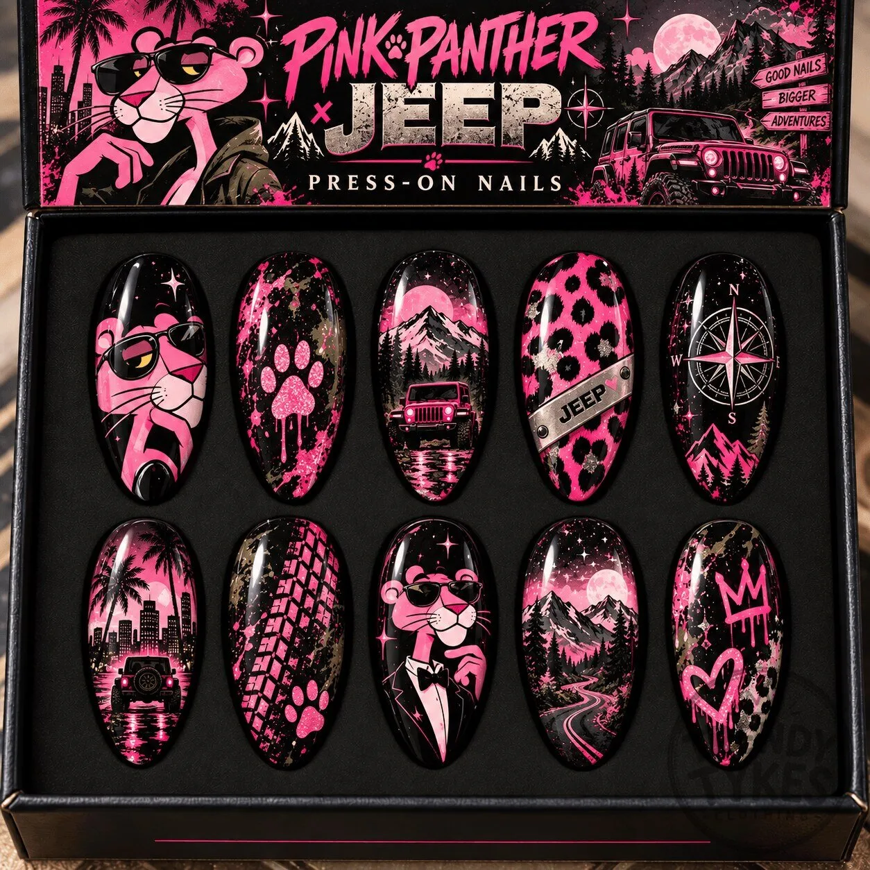 Pink Panther Jeep Adventure Press-On Nails Set for Women