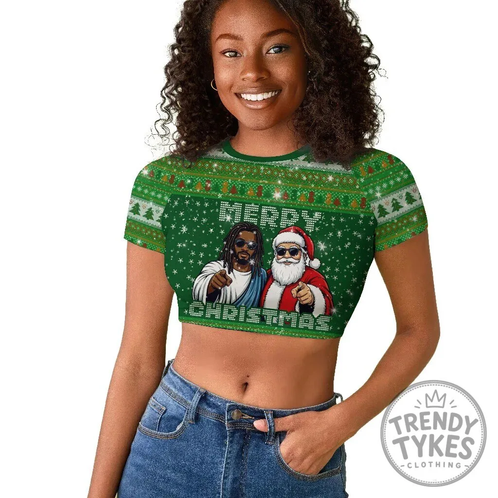 Black Jesus and Santa Claus Merry Christmas Ugly Sweater Cropped T-Shirt