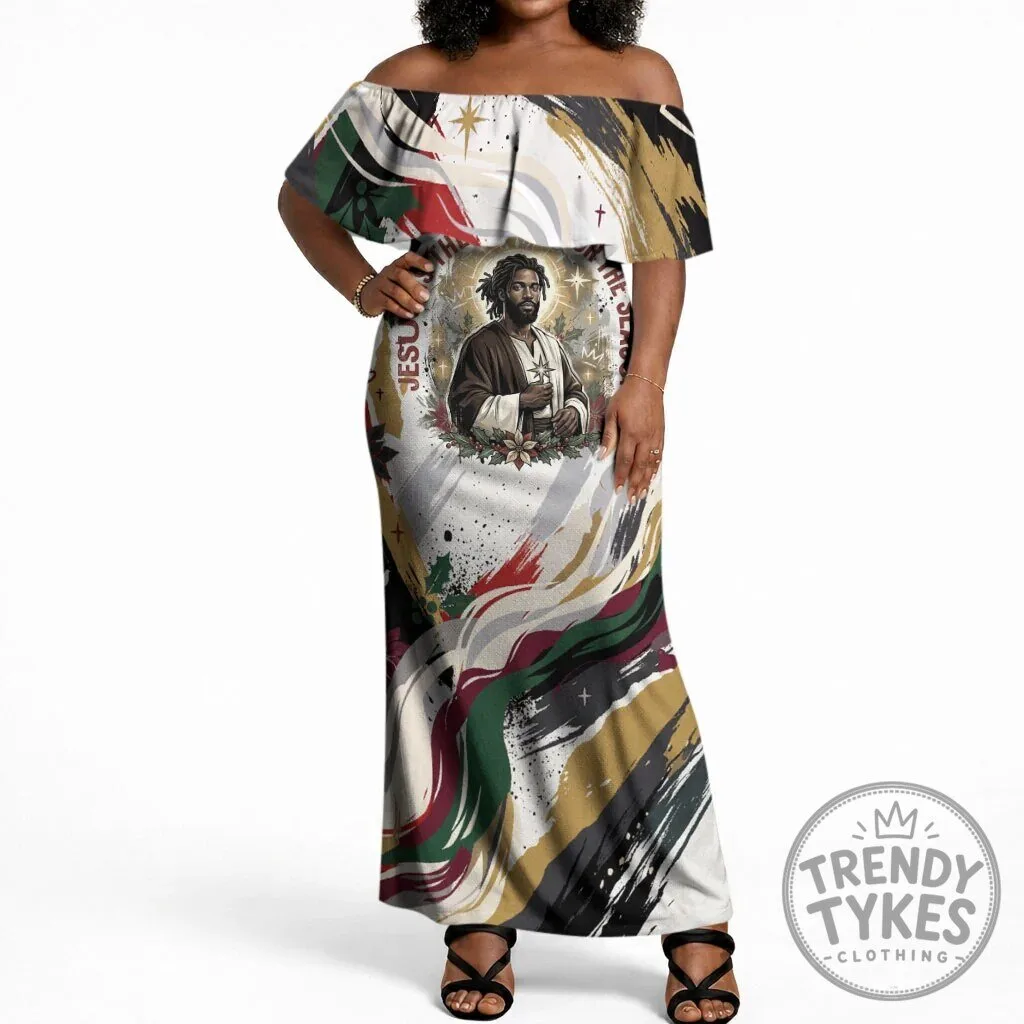 King Jesus Black Christmas Religious Christian Faith Nativity Poinsettia Maxi Dress