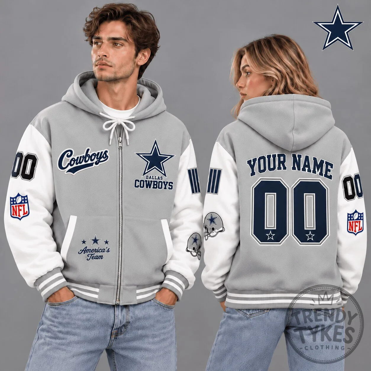 Dallas Cowboys Vintage Varsity Gray Custom Name Number Zip Up Hoodie