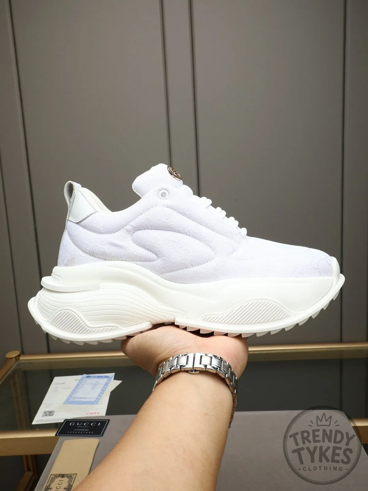 Gucci White Monogrammed Chunky Sole Lace Up Sneakers for Women