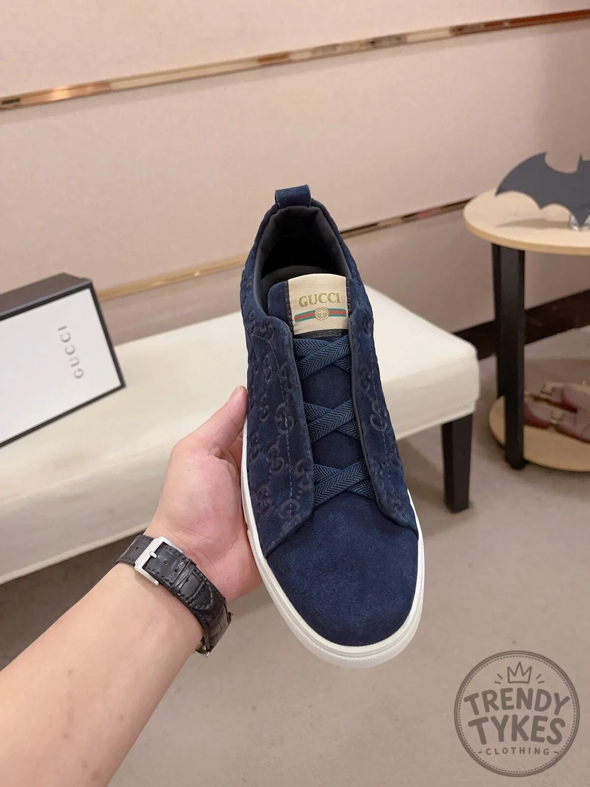 Gucci Blue Monogrammed Suede Low Top Sneakers for Men