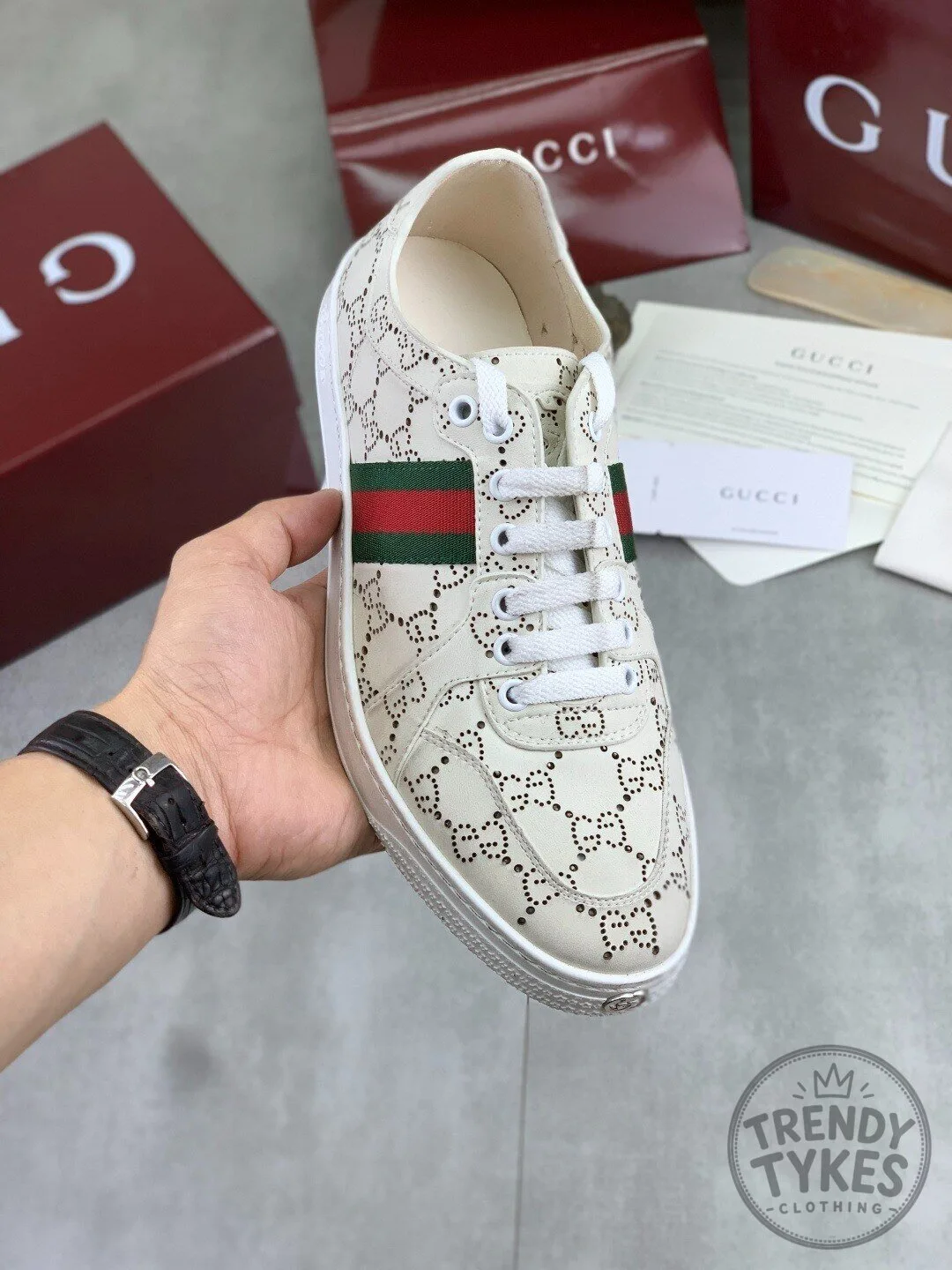 Gucci Monogrammed Perforated Leather Stripe White Sneakers Shoes