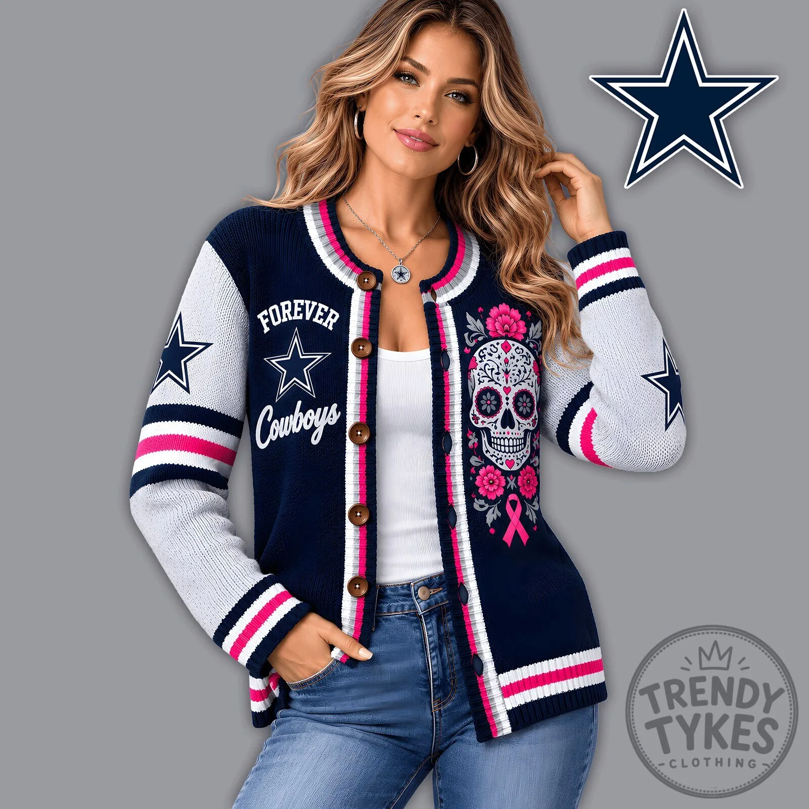 Dallas Cowboys Forever Knit Cardigan Sweater with Floral Skull Design