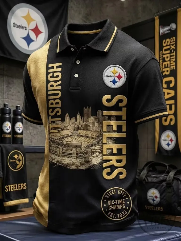 Pittsburgh Steelers Acrisure Stadium Skyline Black and Gold Polo Shirt