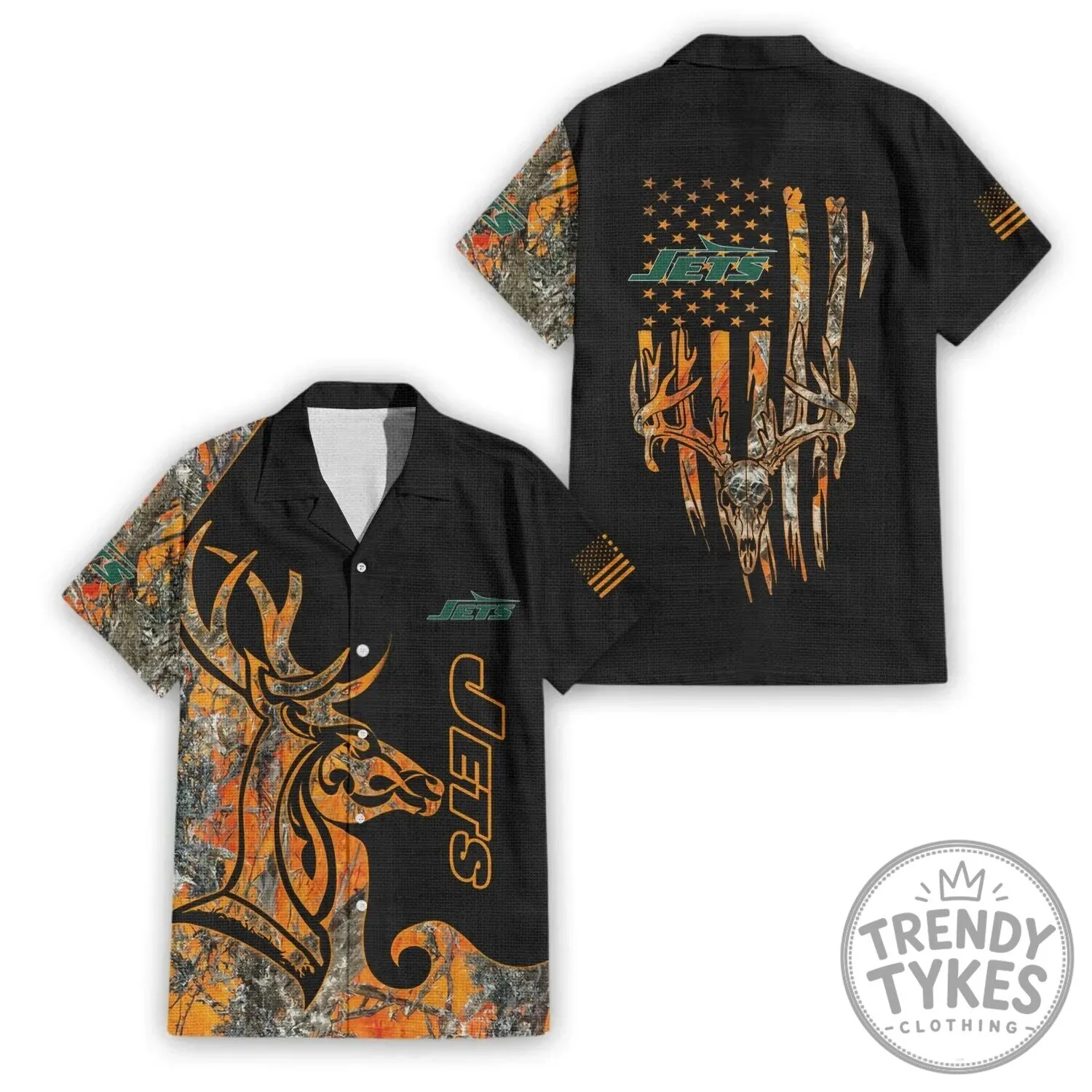 New York Jets Hunting Camouflage Deer Skull American Flag Hawaiian Shirt