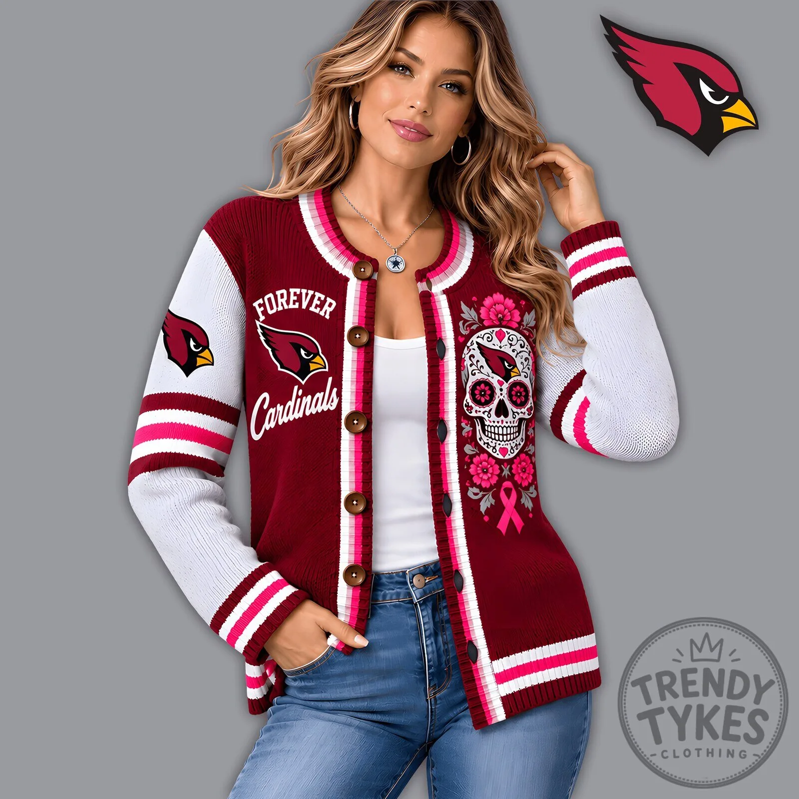Arizona Cardinals Floral Skull Knit Cardigan for Women, NFL Football Team Apparel