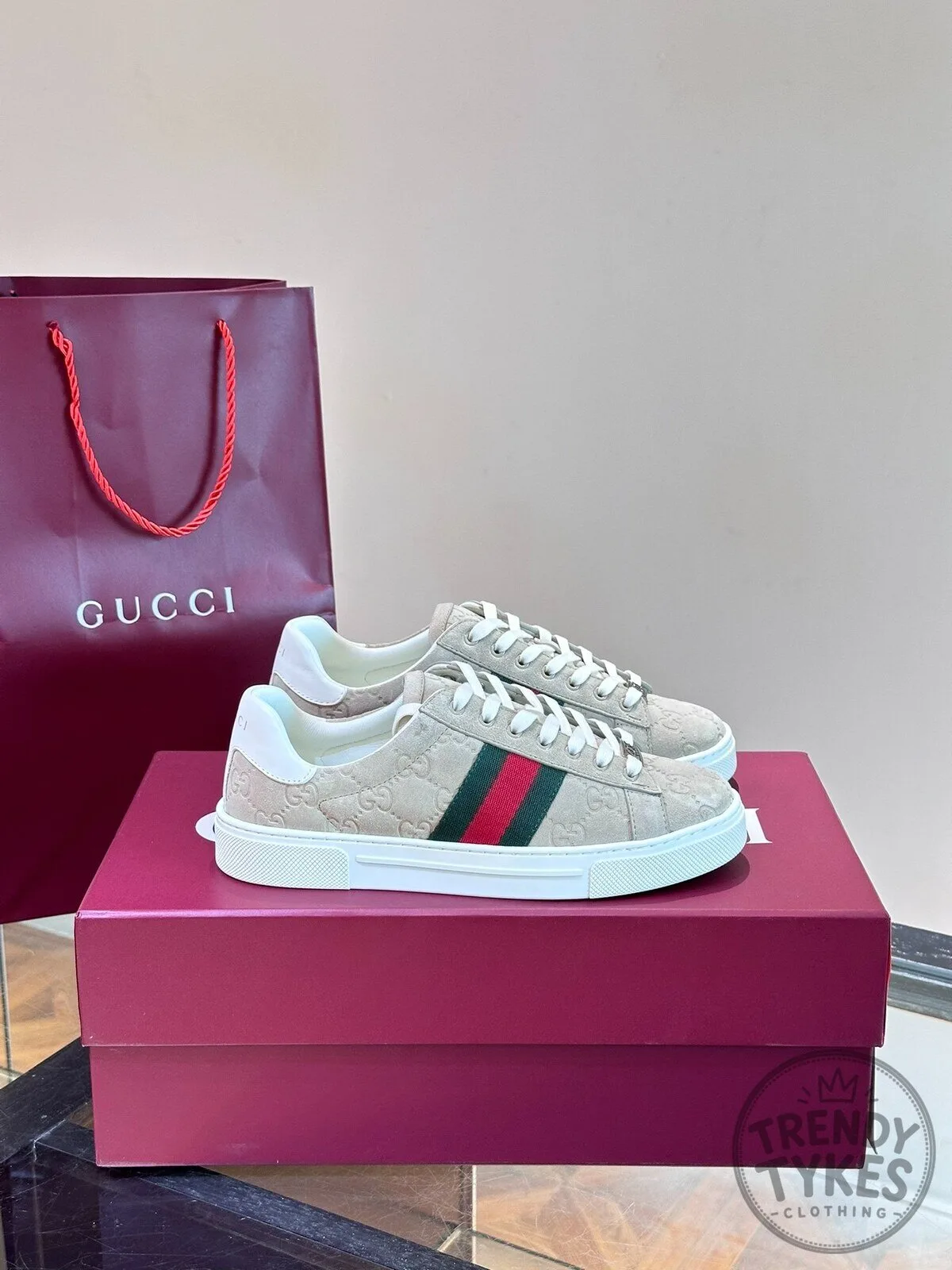 Gucci Beige Monogrammed Ace Sneakers with Red and Green Web Stripe
