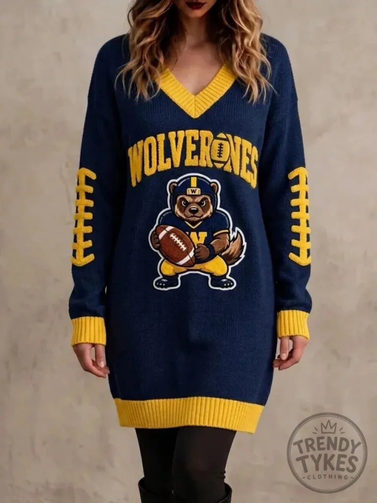 Michigan Wolverines Football Mascot V-Neck Long Sleeve Sweater Dress