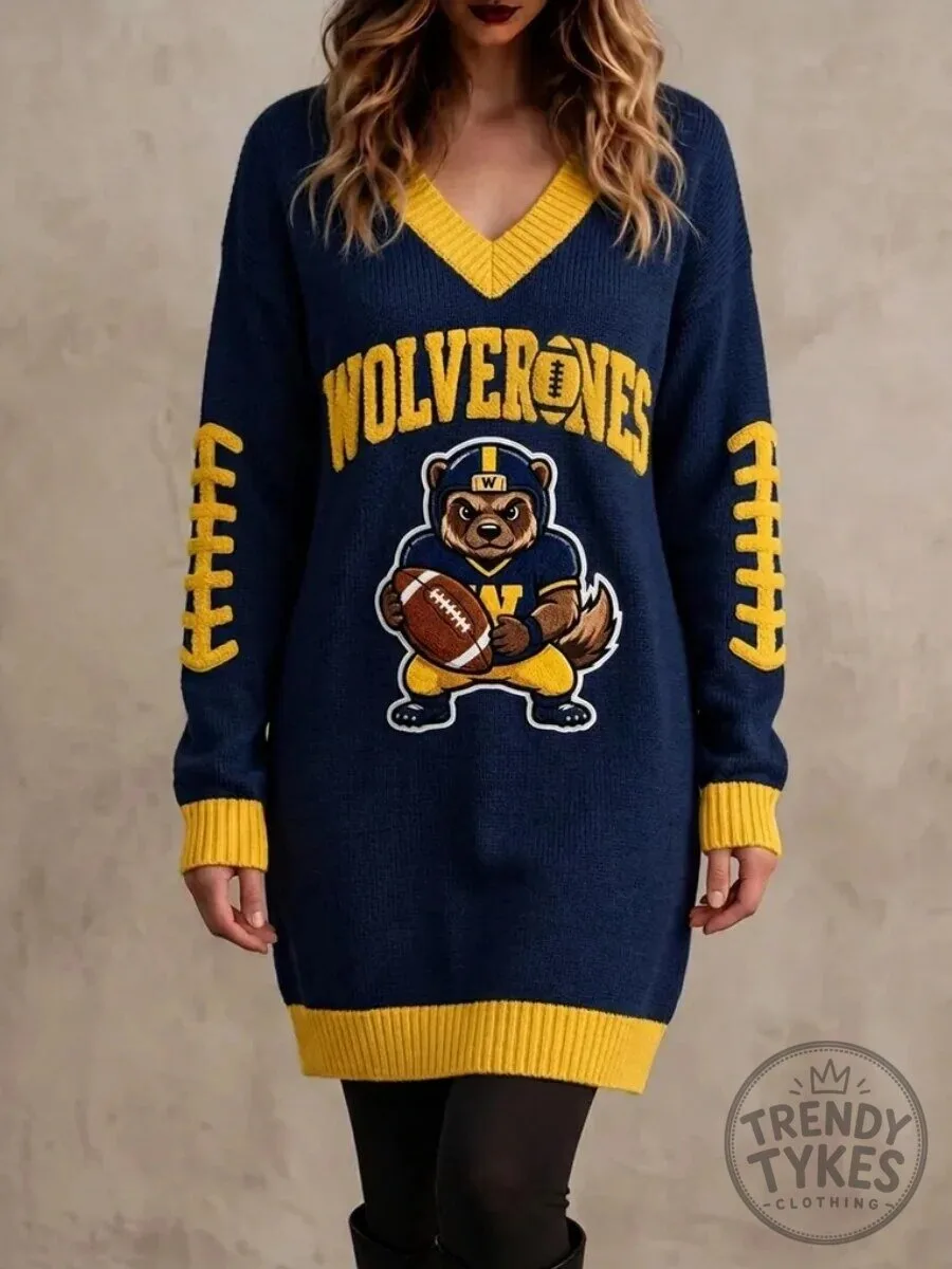 Michigan Wolverines Football Mascot V-Neck Long Sleeve Sweater Dress
