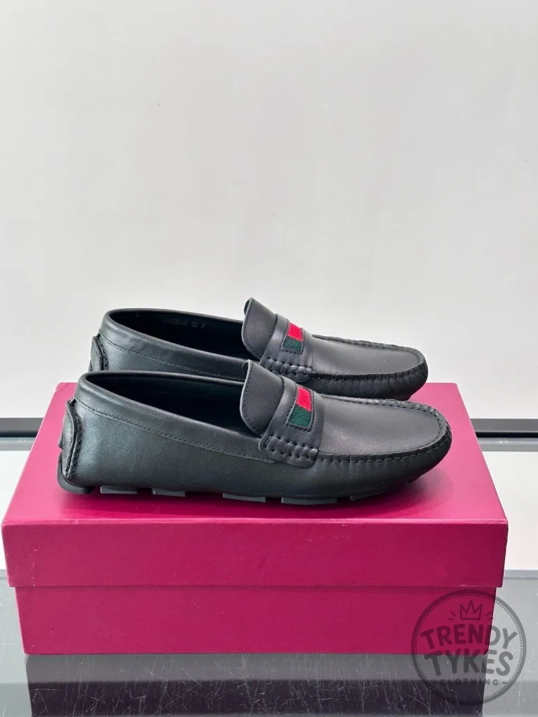 Gucci Black Leather Loafers with Green and Red Web Stripe