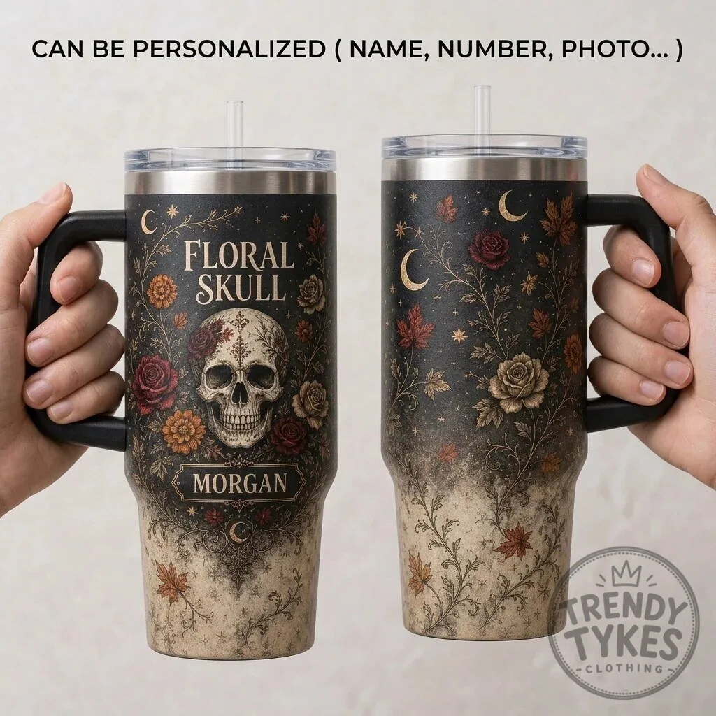 Floral Skull Gothic Rose Moon Personalized Tumbler with Handle