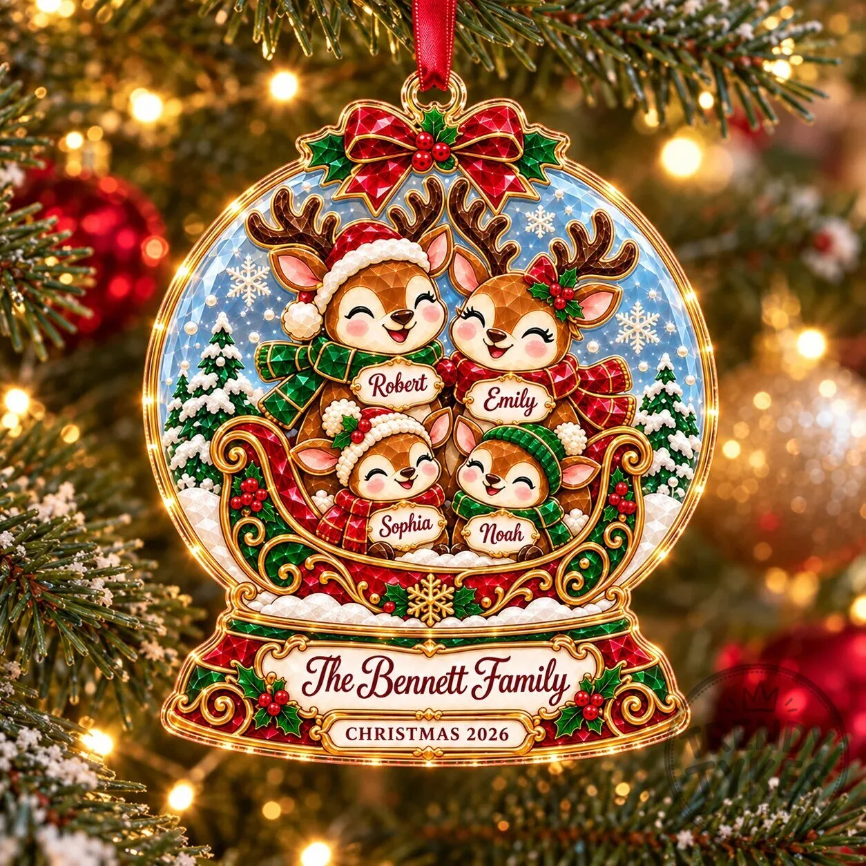 Personalized Reindeer Family Christmas Snow Globe Ornament with Custom Names