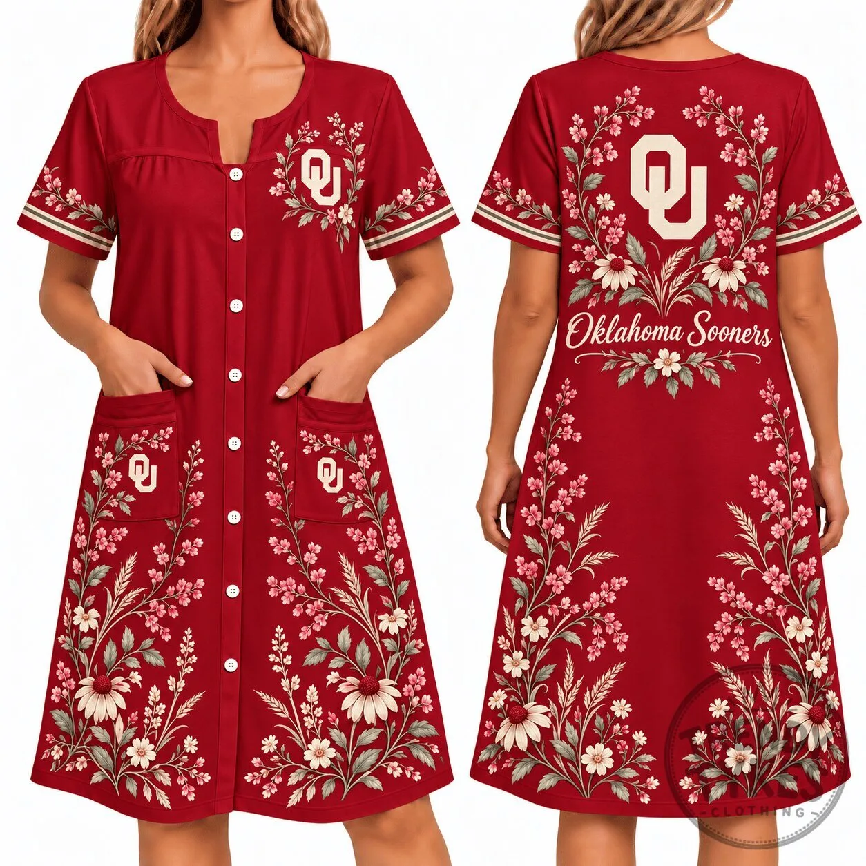 Oklahoma Sooners Women's Floral Print Button-Front House Dress