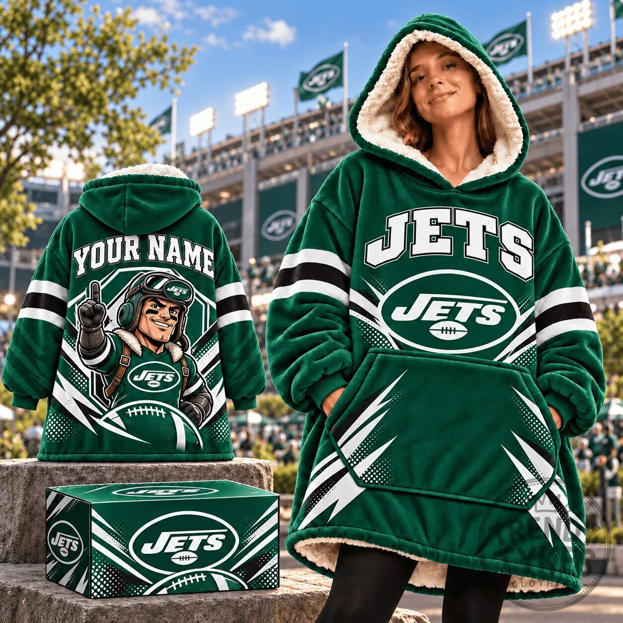 New York Jets NFL Football Team Custom Name Oversized Wearable Blanket Hoodie
