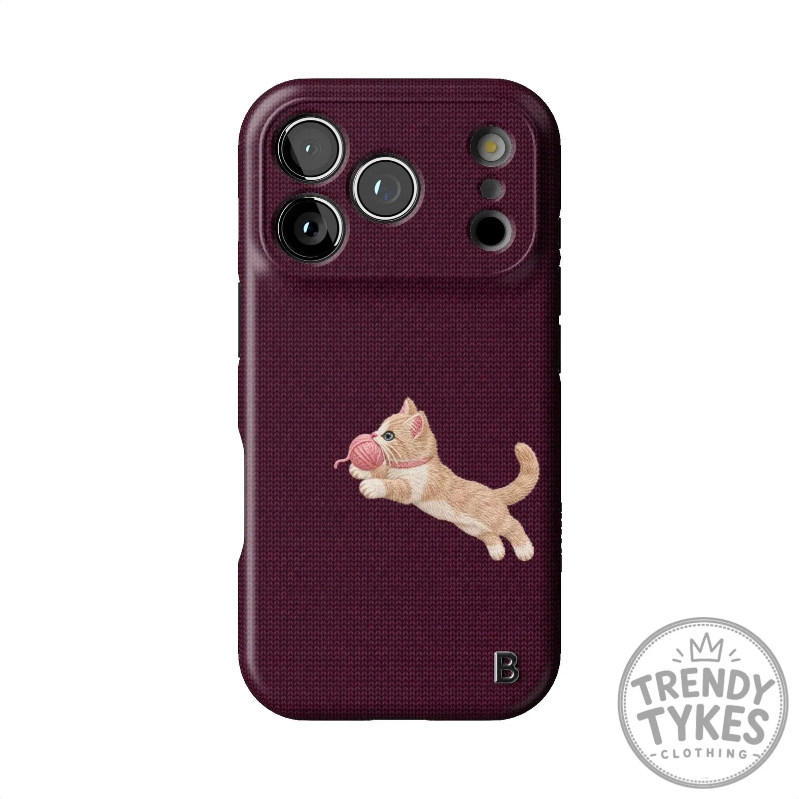 Plum Knit Pattern Phone Case Featuring Adorable Kitten Playing With Yarn Ball